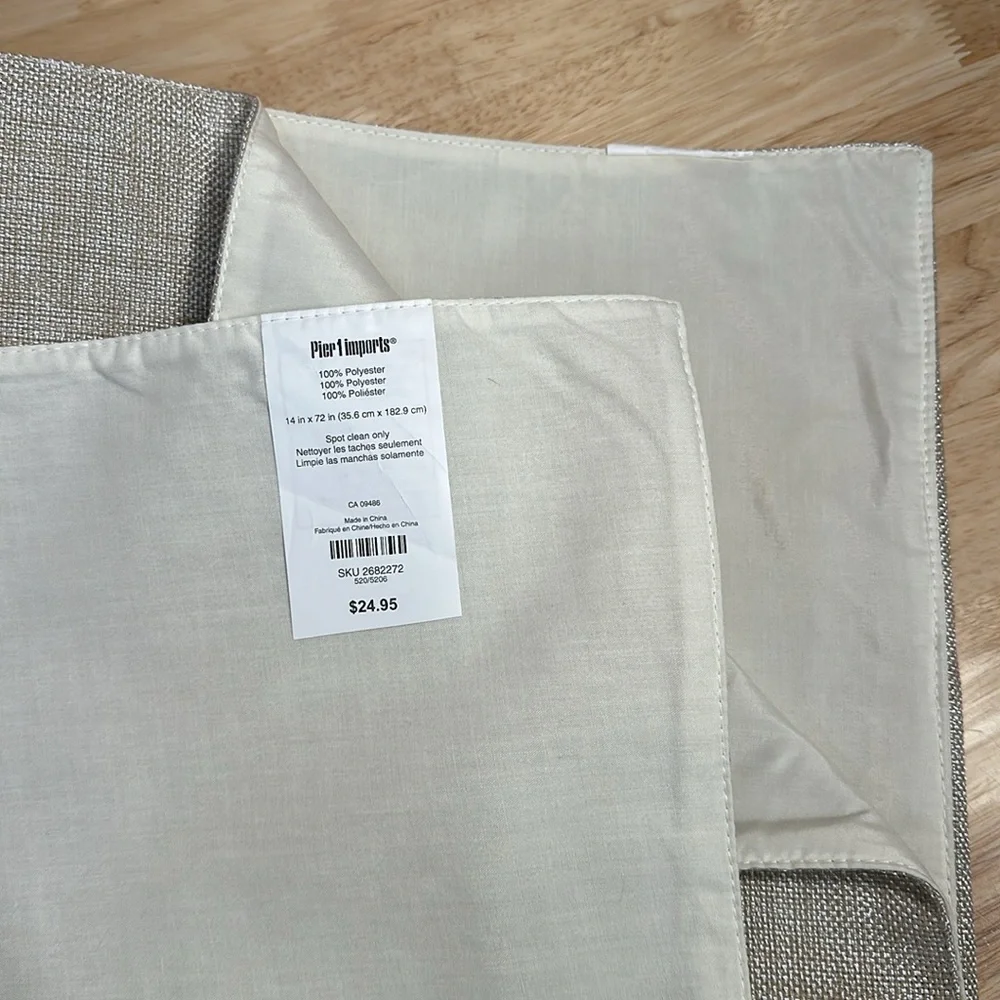 Pier 1 2 14 x 72” Cream/Gold Shimmer table runners EUC